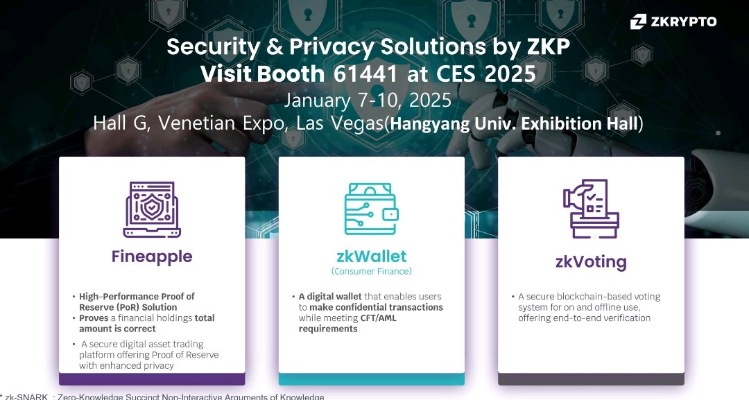 zkrypto_Global's tweet photo. Join us at #CES2025    to learn about our 
- Date: January 7-10, 2025
- Location: Booth 61441, Hall G, Venetian Expo(#Hanyang #zkrypto)
- Contact Point: @hyunok_oh, @zk_soulyong
 
#ZeroKnowledgeProof
#zkSNARK
#ZKRYPTO
#Fineapple
#zkVoting
#CTA https://t.co/AdN2l88KTQ