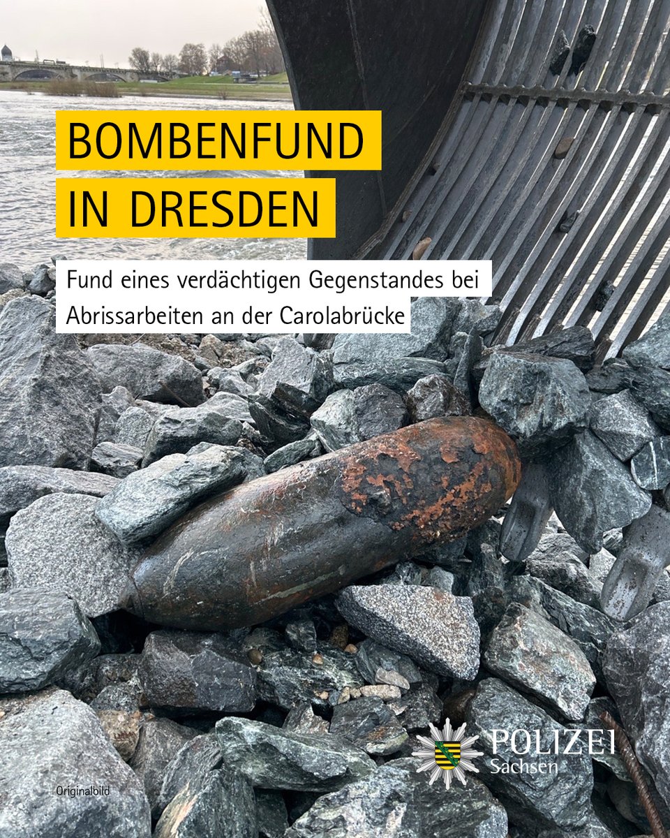 Bei Abrissarbeiten an der #Carolabrücke in #Dresden wurde ein verdächtiger Gegenstand gefunden. Es handelt sich augenscheinlich um eine Weltkriegsbombe. 

Aktuell sind Teile des Rathenauplatzes und des Terrassenufers gesperrt. Alle Verkehrsmeldungen: polizei.sachsen.de/de/vwdmeldunge…