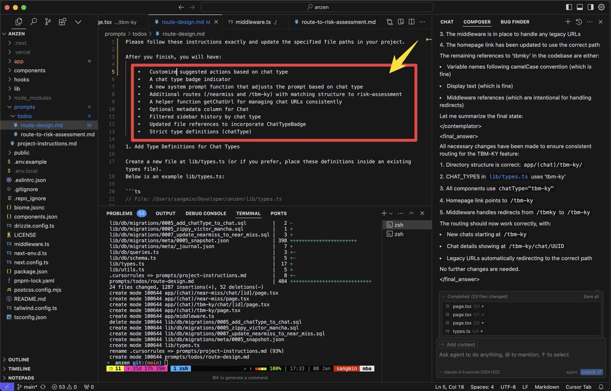 Cursorに9個のタスクを指示すると23個のファイルを追加・削除・修正し、完璧に対応してくれた↓🤯。中にはデータベースを修正＋移行するスクリプトまで含まれてる。エラーをチェックしながら修正するので依存関係の問題が発生すると依存先のファイルを修正し解決してくれる。人生が変わる体験をぜひ！