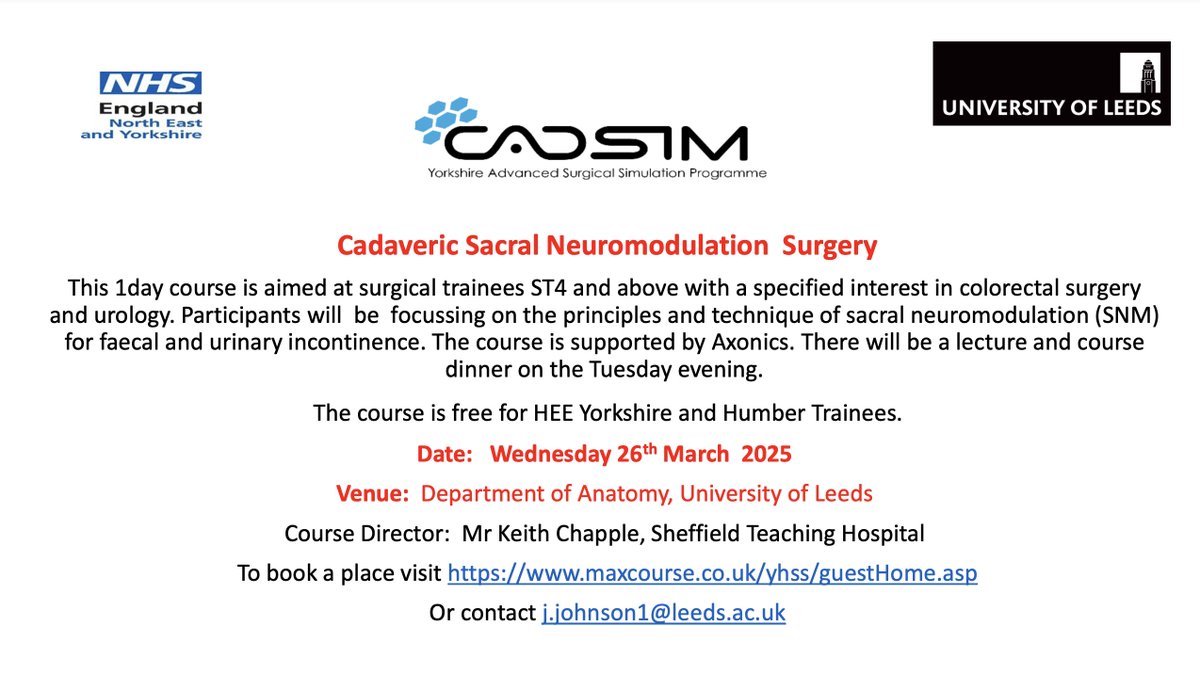 CADSIM (@cadsimleeds) on Twitter photo Last few places available @CADSIM by Mr Keith Chapple <a href="/SheffieldHosp/">Sheffield Hospitals</a> Cadaveric Sacral Neuromodulation Surgery for #urinary #faecal #incontinence. <a href="/BAUSurology/">BAUS</a> @NHSHEE_NEY <a href="/ASiTofficial/">ASiT</a> <a href="/surgeonsnews/">Surgeons' News - RCSEd</a> <a href="/RCSEd/">The Royal College of Surgeons of Edinburgh</a> <a href="/TPFSuk/">Pelvic Floor Society</a> <a href="/MarinaYLeft/">Marina Yiasemidou, MBBS, MSc, PhD, FRCS</a> <a href="/BSoT_UK/">BSoT</a> <a href="/ACPGBI/">@ACPGBI</a> <a href="/ColorectalDis/">Colorectal Disease</a> Last few places available @CADSIM by Mr Keith Chapple <a href="/SheffieldHosp/">Sheffield Hospitals</a> Cadaveric Sacral Neuromodulation Surgery for #urinary #faecal #incontinence. <a href="/BAUSurology/">BAUS</a> @NHSHEE_NEY <a href="/ASiTofficial/">ASiT</a> <a href="/surgeonsnews/">Surgeons' News - RCSEd</a> <a href="/RCSEd/">The Royal College of Surgeons of Edinburgh</a> <a href="/TPFSuk/">Pelvic Floor Society</a> <a href="/MarinaYLeft/">Marina Yiasemidou, MBBS, MSc, PhD, FRCS</a> <a href="/BSoT_UK/">BSoT</a> <a href="/ACPGBI/">@ACPGBI</a> <a href="/ColorectalDis/">Colorectal Disease</a>