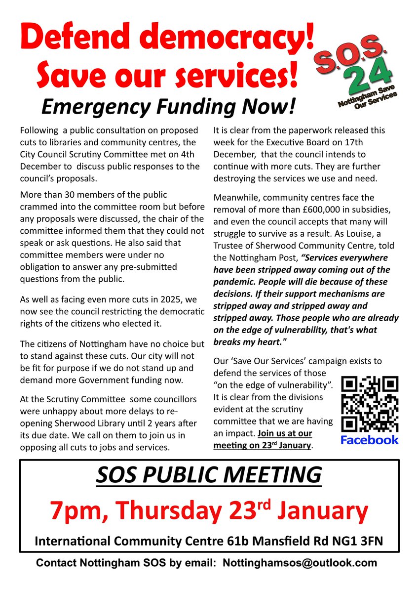 The fight against cuts continues. Notts TUC will continue to back the Nottingham SOS campaign in 2025. The cuts will seriously damage the lives of people in Nottingham, especially the most vulnerable. The council's sham consultation is a negation of our basic democratic rights.