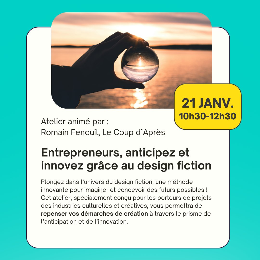 Plongez dans l’univers du #designfiction, une méthode innovante pour imaginer et concevoir des futurs possibles 🚀

Un atelier conçu pour les porteurs de projets des industries culturelles et créatives.

📅 Mardi 21 janvier ∙ 10h30 ∙ Halles 1&amp;2
🎟️ eventbrite.fr/e/billets-entr…