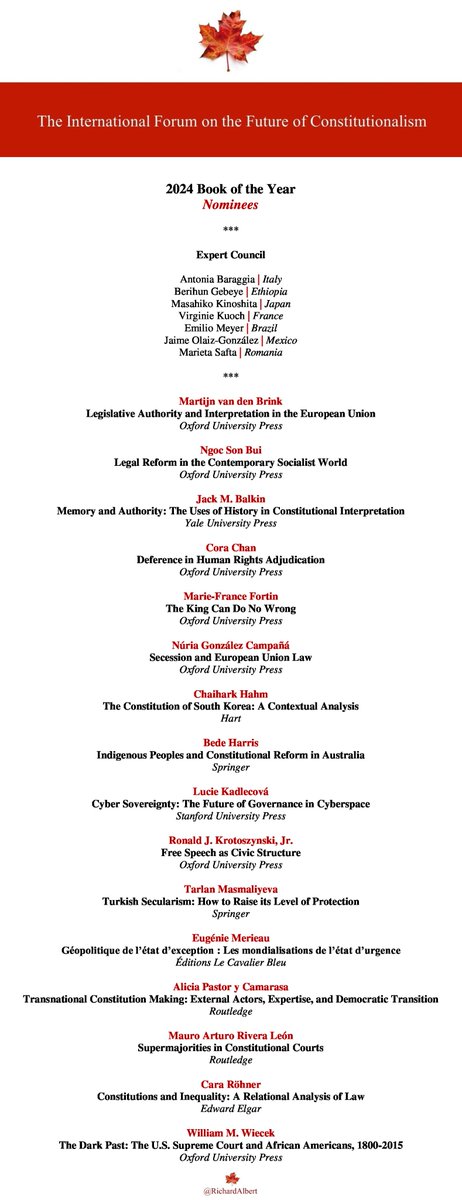 Richard Albert (@richardalbert) on Twitter photo đ The 2024 Book of the Year prize, to be awarded by the IFFC.
đłď¸ Voting opens on Monday, January 13.
Congrats to all 16 nominees, selected by members of the Expert Council:
<a href="/AntoniaBaraggia/">Antonia Baraggia</a>
<a href="/BerihunGebeye/">Berihun Gebeye</a>
<a href="/Con_Law_Masa/">Masahiko Kinoshita</a>
<a href="/VirginieKuoch01/">Virginie Kuoch</a>
<a href="/pelusoemilio/">Emilio Peluso Neder Meyer</a>
<a href="/OlaizJaime/">Jaime Olaiz</a>
<a href="/MarietaSafta/">marieta safta</a> đ The 2024 Book of the Year prize, to be awarded by the IFFC.
đłď¸ Voting opens on Monday, January 13.
Congrats to all 16 nominees, selected by members of the Expert Council:
<a href="/AntoniaBaraggia/">Antonia Baraggia</a>
<a href="/BerihunGebeye/">Berihun Gebeye</a>
<a href="/Con_Law_Masa/">Masahiko Kinoshita</a>
<a href="/VirginieKuoch01/">Virginie Kuoch</a>
<a href="/pelusoemilio/">Emilio Peluso Neder Meyer</a>
<a href="/OlaizJaime/">Jaime Olaiz</a>
<a href="/MarietaSafta/">marieta safta</a>