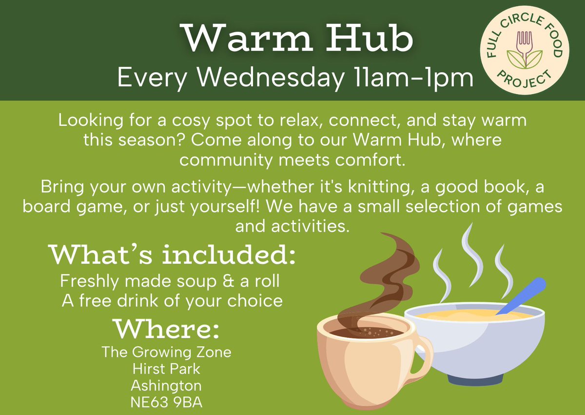 Due to the very cold spell we are due, we have decided to open up as a warm hub on Wednesdays, starting today. Please come and join us!

🗓 When: Every Wednesday 11 am - 1 pm
📍 Where: The Growing Zone, Hirst Park

Freshly made soup &amp; a roll 🥖
A free drink of your choice ☕