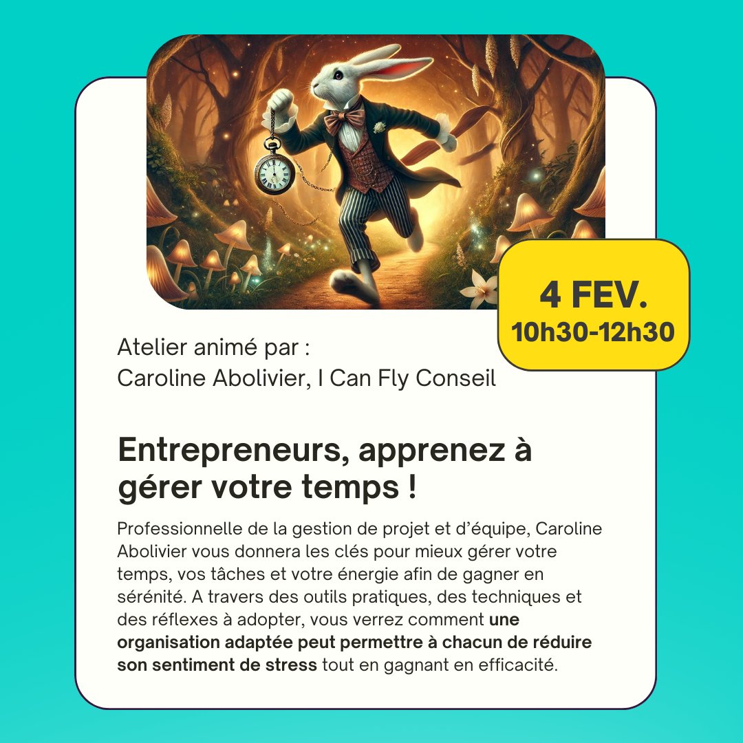 ⏰ Le quotidien d'entrepreneur se vit à 100 km/h. Pour vous aider à gagner en sérénité, apprenez à gérer votre temps, vos tâches et votre énergie.

📅 Mardi 4 février ∙ 10h30
🎟️ eventbrite.fr/e/billets-entr…