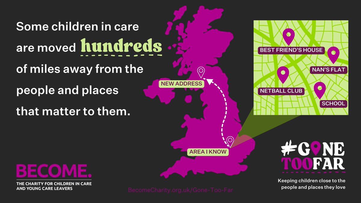 ⚠️ 18+ miles is the distance a child in care is moved, on average, from the people and places they know.

🚨 It doesn’t have to be this way.

⬇️ Join our campaign #GoneTooFar to keep children close to people &amp; places that matter to them.

BecomeCharity.org.uk/Gone-Too-Far