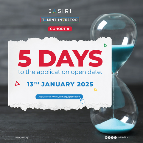 🎉 Happy 2025!
It's that time of year again—an opportunity for aspiring entrepreneurs to apply for the Jasiri Talent Investor program, #Cohort8, and start building high-impact businesses.

📅 Applications open in just 5 days!

#Jasiri4Africa