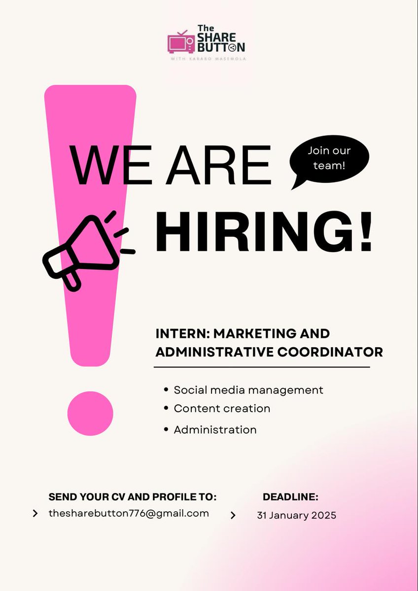 📢 We're Hiring!

The Share Button is expanding, and we’re looking for an Intern: Marketing and Administrative Coordinator to join our team!  

📝 Key Responsibilities: 
- Social Media Management  
- Content Creation  
- Administrative Support