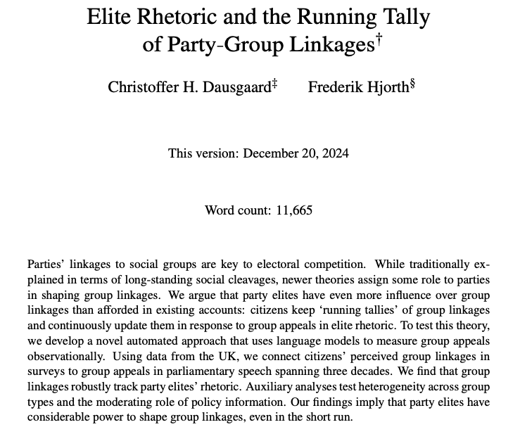Christoffer H. Dausgaard (@chdausgaard) on Twitter photo In a new working paper, <a href="/fghjorth/">Frederik Hjorth</a> and I show that party elites have significant power to shape group linkages through their rhetoric, suggesting that such linkages are more dynamic and elite-driven than suggested by predominant structural accounts. 🧵 In a new working paper, <a href="/fghjorth/">Frederik Hjorth</a> and I show that party elites have significant power to shape group linkages through their rhetoric, suggesting that such linkages are more dynamic and elite-driven than suggested by predominant structural accounts. 🧵