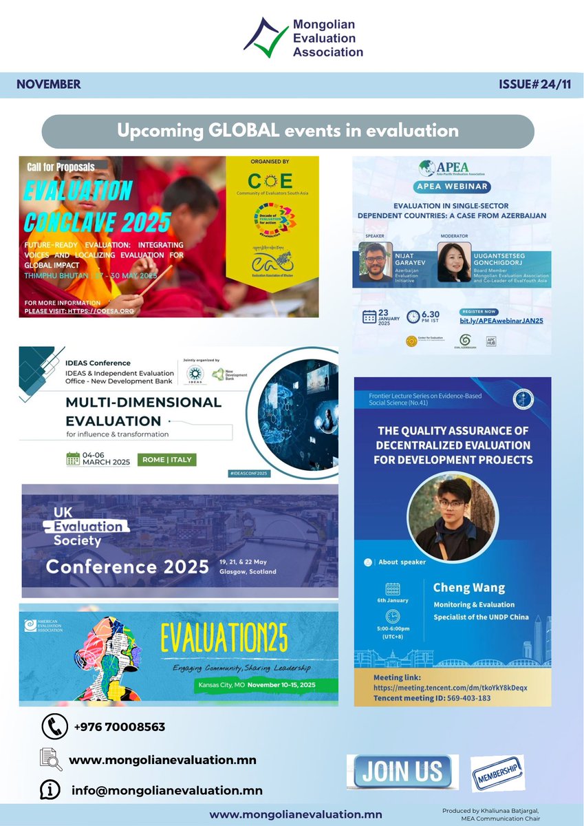 Mongolian Evaluation Association (@monevalassoc) on Twitter photo We are happy to share with you our December Newsletter of Mongolian Evaluation Association
<a href="/APEAeval/">Asia Pacific Evaluation Association</a> <a href="/EvalyouthAsia/">EvalYouth Asia Chapter</a> <a href="/iLZU1909/">Lanzhou University</a> <a href="/IDEASEval/">IDEAS Association</a> <a href="/AEAamp/">American Eval Assn</a> We are happy to share with you our December Newsletter of Mongolian Evaluation Association
<a href="/APEAeval/">Asia Pacific Evaluation Association</a> <a href="/EvalyouthAsia/">EvalYouth Asia Chapter</a> <a href="/iLZU1909/">Lanzhou University</a> <a href="/IDEASEval/">IDEAS Association</a> <a href="/AEAamp/">American Eval Assn</a>