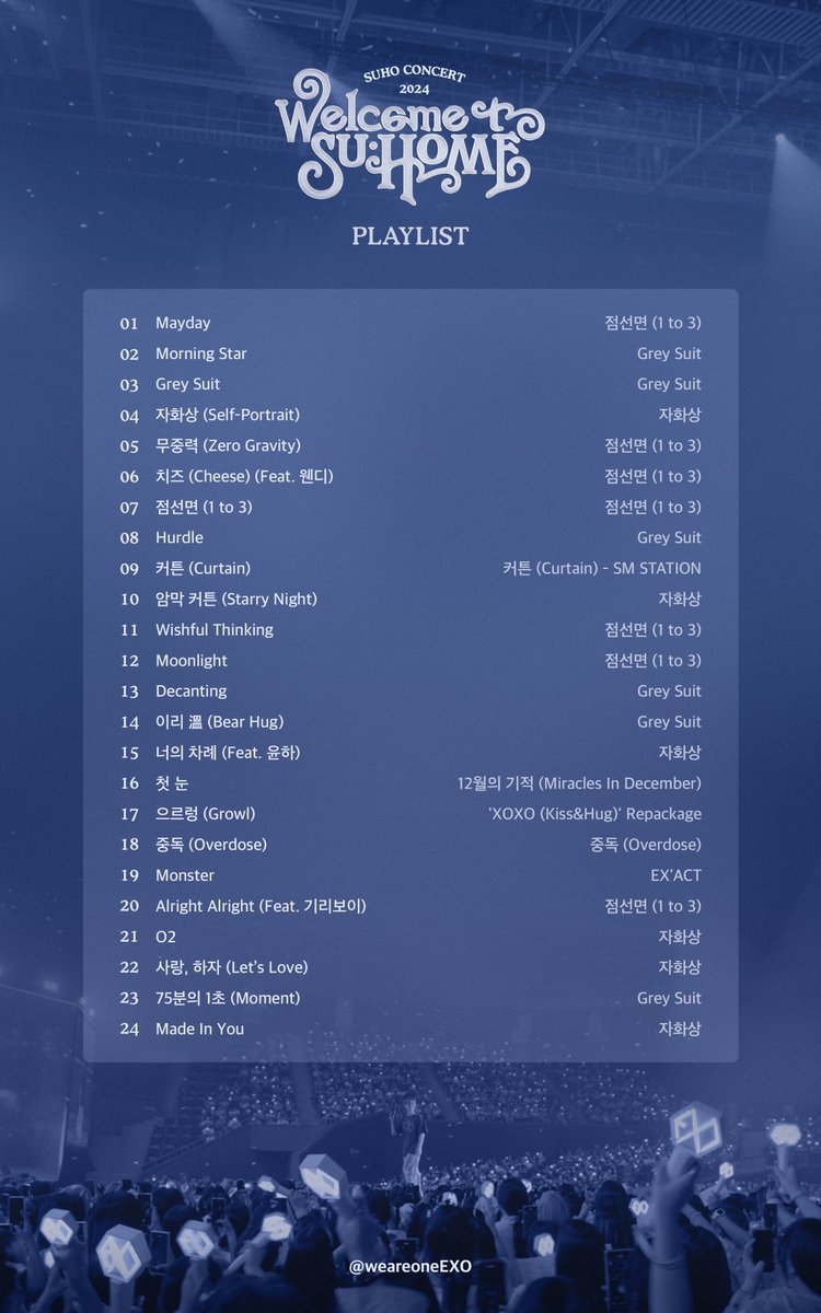 <𝐒𝐔:𝐇𝐎𝐌𝐄> 𝐏𝐥𝐚𝐲𝐥𝐢𝐬𝐭🎧

다가올 <SU:HOMME>를 기다리며 <SU:HOME> 복습 시작!!
<SU:HOMME>에서 기다리고 있을게~🥕

✔️원클릭 플레이리스트 링크 클릭 시
<𝐒𝐔:𝐇𝐎𝐌𝐄> 𝐏𝐥𝐚𝐲𝐥𝐢𝐬𝐭 전곡을 각 음원 사이트 재생목록에 담아 바로 감상하실 수 있습니다.

🔗원클릭 플레이리스트