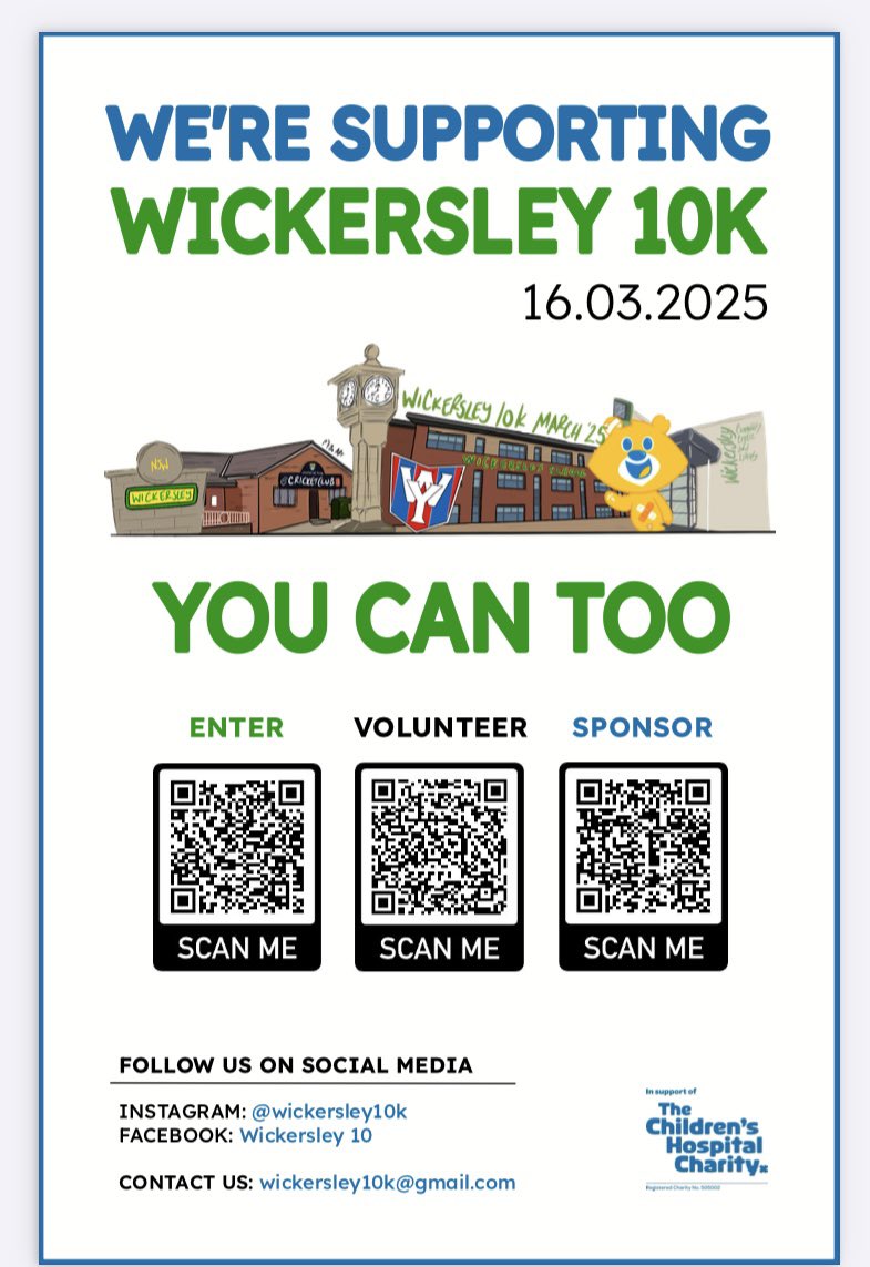 Rotherham School Games (@rotherhamgames) on Twitter photo We are proud to be supporting the first ever Wickersley 10k ๐๐ป
The event is aiming to raise as much money as possible for <a href="/SheffChildrens/">Sheffield Children's</a>
If you are interested in joining the Rotherham School Games Team in running please scan the QR Codes
below ๐๐ป We are proud to be supporting the first ever Wickersley 10k ๐๐ป
The event is aiming to raise as much money as possible for <a href="/SheffChildrens/">Sheffield Children's</a>
If you are interested in joining the Rotherham School Games Team in running please scan the QR Codes
below ๐๐ป