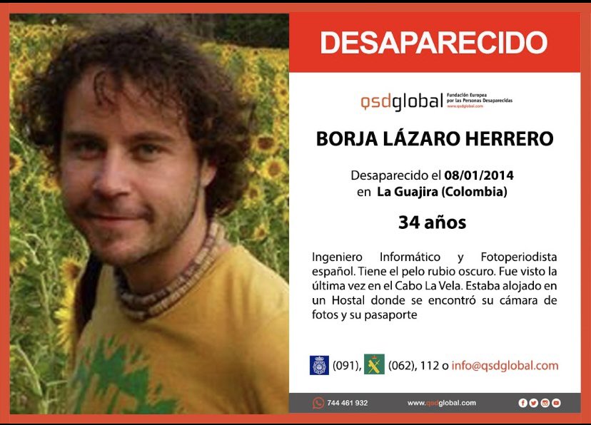 Ana Maria Herrero (@anamari91953899) on Twitter photo Un 8 de enero de 2014 Borja desapareció en La Guajira, Colombia. En Vitoria su familia y amigos le seguimos recordando y esperando. En necesario que en Colombia se siga investigando hasta saber que pasó. @FiscalíaCol ,<a href="/ConsejeriaDDHH/">Consejería DDHH 🇨🇴</a> , <a href="/EmbajadaEspCol/">Embajada España Col</a>,<a href="/JAL_1966/">Joaquín de Arístegui Laborde 🇪🇦🇦🇷</a>,#LaGuajira Un 8 de enero de 2014 Borja desapareció en La Guajira, Colombia. En Vitoria su familia y amigos le seguimos recordando y esperando. En necesario que en Colombia se siga investigando hasta saber que pasó. @FiscalíaCol ,<a href="/ConsejeriaDDHH/">Consejería DDHH 🇨🇴</a> , <a href="/EmbajadaEspCol/">Embajada España Col</a>,<a href="/JAL_1966/">Joaquín de Arístegui Laborde 🇪🇦🇦🇷</a>,#LaGuajira