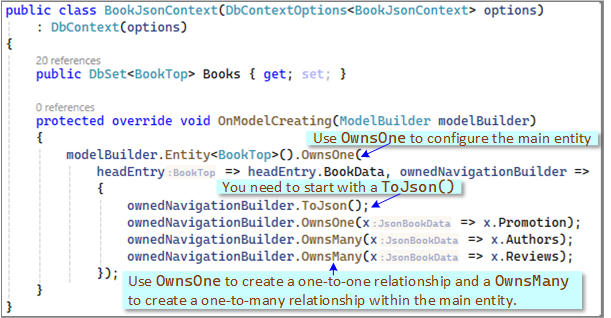 I used EF Core’s JSON Columns feature, but there wasn't much docs, so I have written an article called "A detailed look at EF Core’s JSON Columns feature" thereformedprogrammer.net/a-detailed-loo… which shows how to use JSON Columns, and the best places to use it. Lots of diagrams - see pic below.