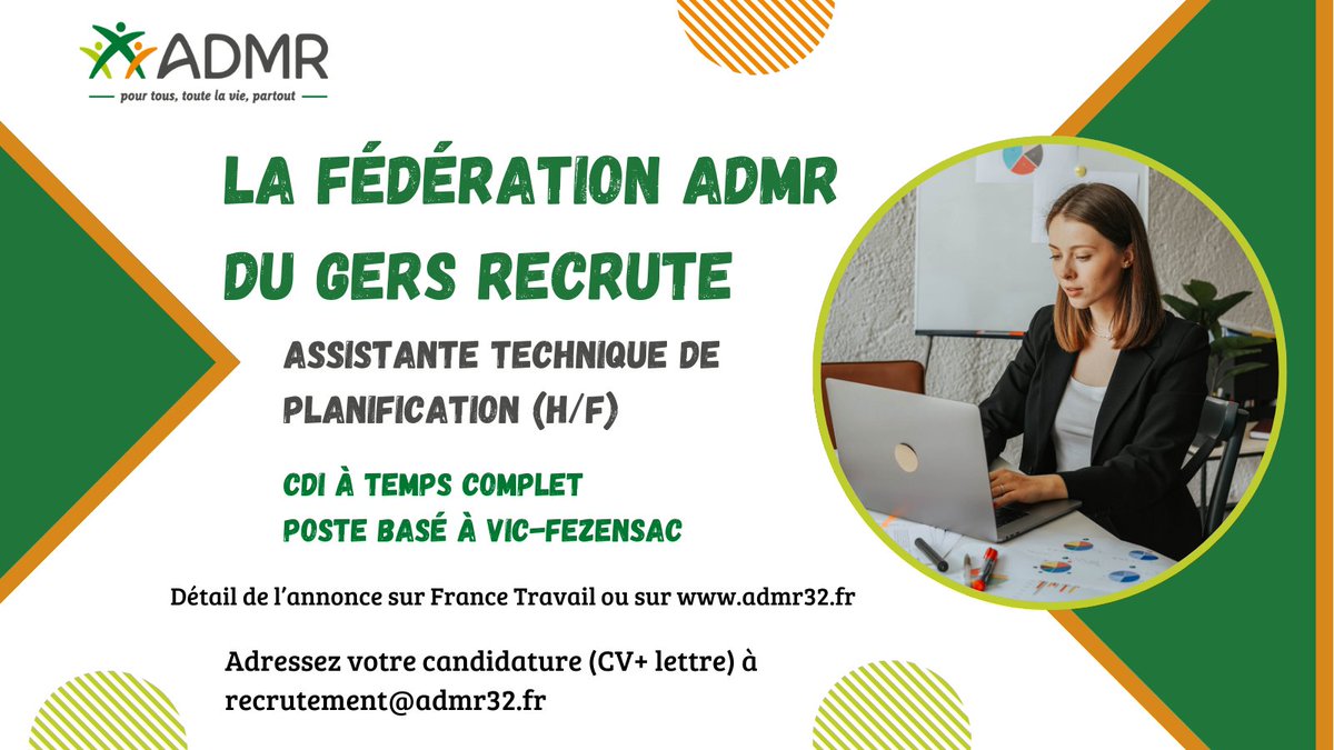 📢La FEDERATION ADMR DU GERS recrute un assistant technique de planification (H/F). ‼️
CDI à temps complet Poste basé à Vic-Fezensac
Détail annonce : France Travail ou sur admr32.fr
Candidature (CV+ lettre) à recrutement@admr32.fr
<a href="/ADMRun/">ADMR</a>   @LeGers32  <a href="/FranceTravail/">France Travail</a>