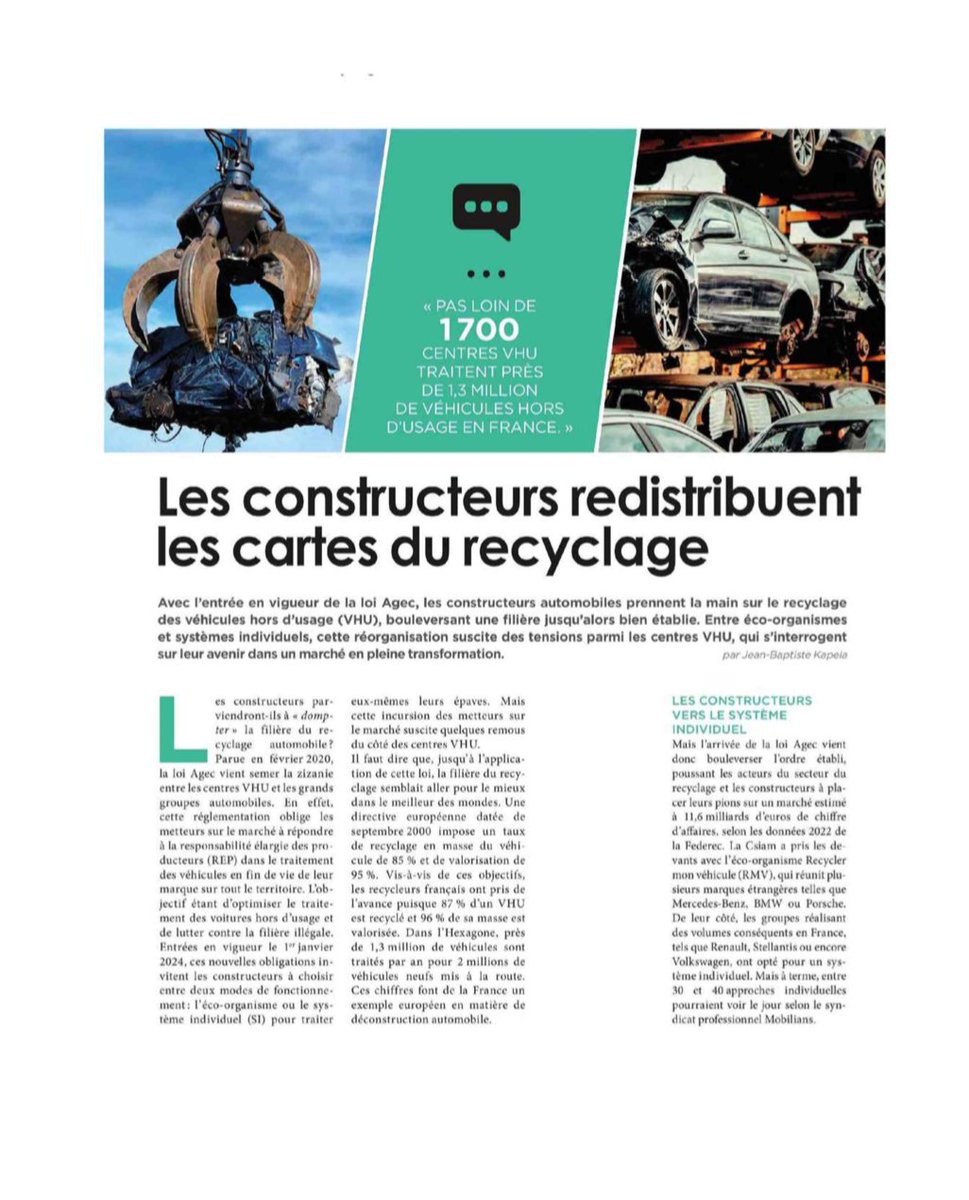 IndraRecycling's tweet photo. 🚗♻️Depuis janvier 2024, la loi AGEC renforce le recyclage automobile avec la responsabilité élargie des producteurs.
INDRA, soutient les constructeurs dans ces défis et anticipe l’intégration des matières recyclées, une norme européenne dès 2026.  @Journal_Auto https://t.co/bELJwPlmze