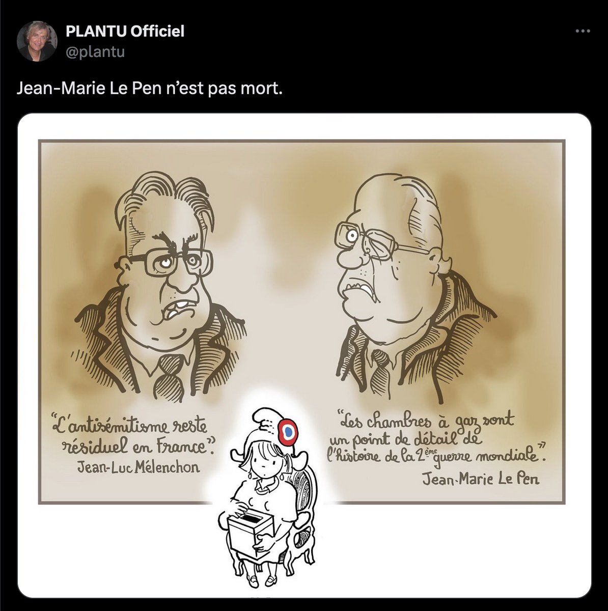 Nain_Portekoi's tweet photo. Voici un exemple parfait de ce qu'est la liberté d'expression : Plantu a le droit de dessiner de la merde.
Et on a le droit de dire que Plantu dessine de la merde. https://t.co/OxPJTvhoSc