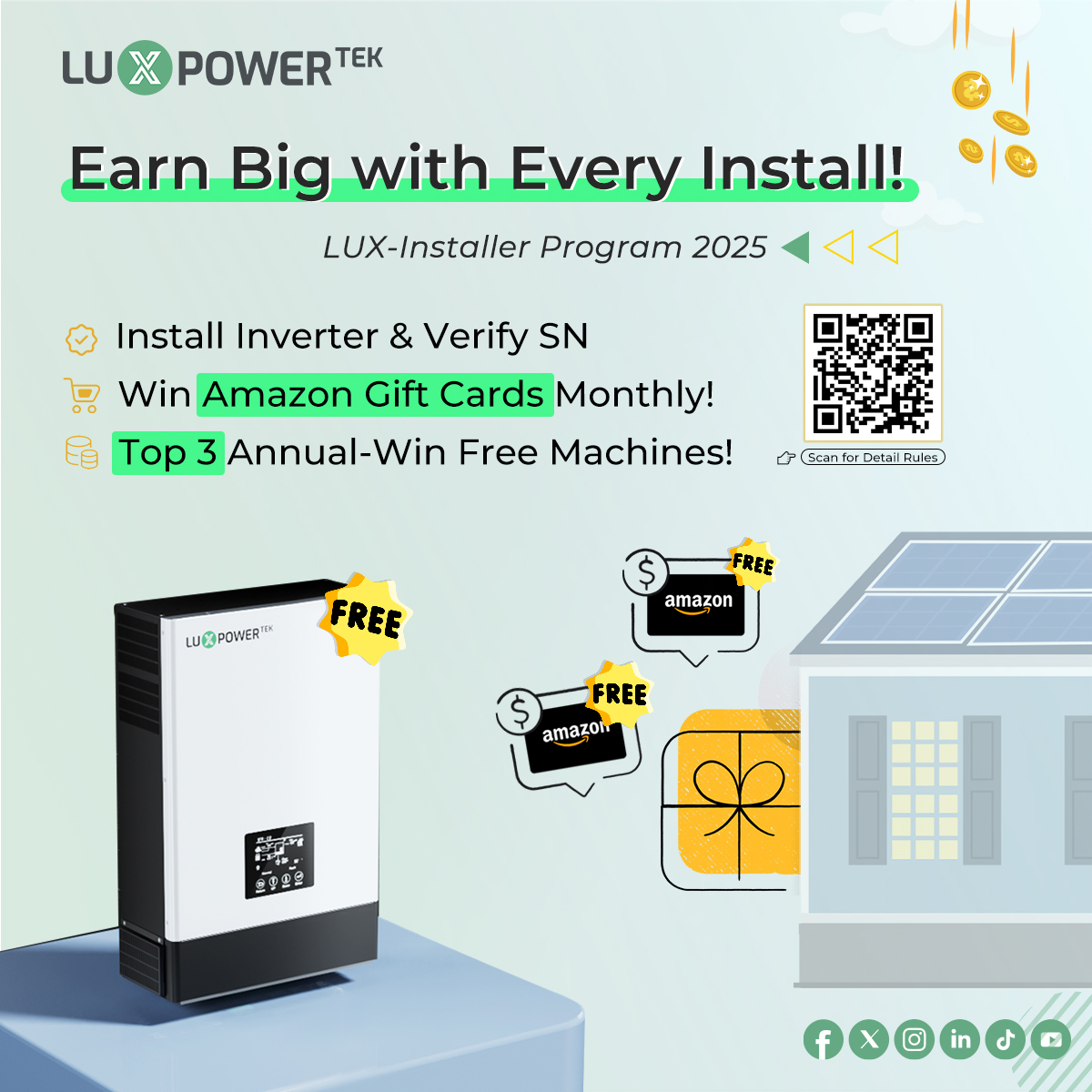 luxpowertek's tweet image. 🎉Exciting Updates to LUX-Installer Program 2025! 🎁Bigger rewards,  a simpler process—2025 is the perfect time to join us! #luxpowertek #homestoragesolutions #solarinstallers #gogreen