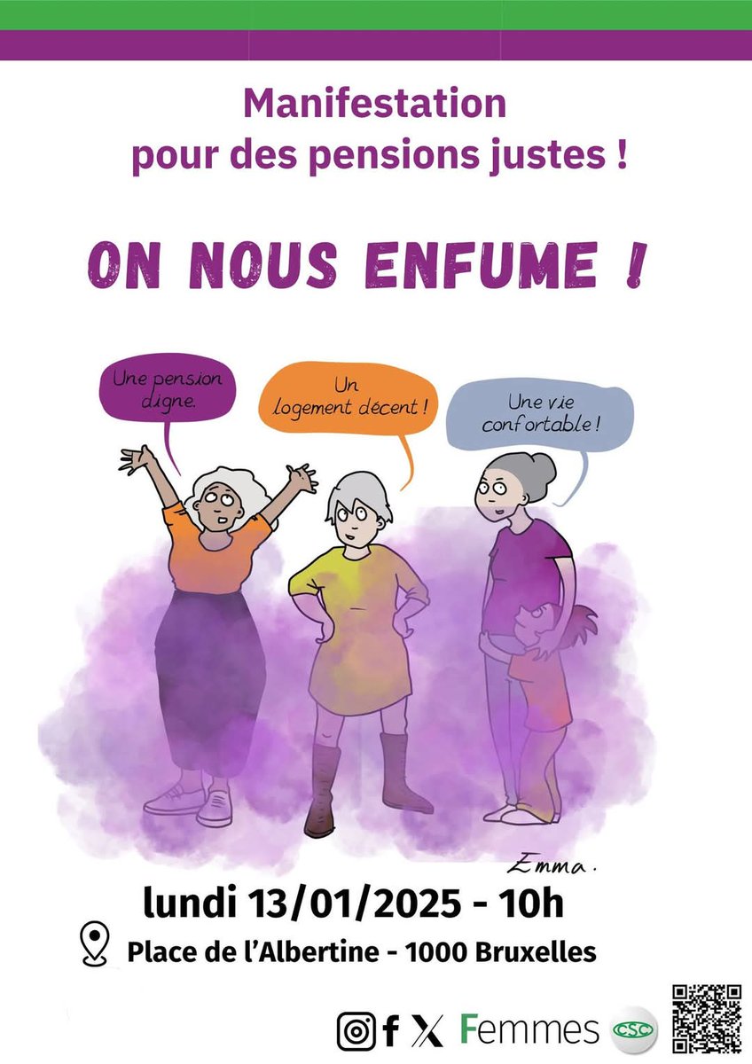 CscFemmes's tweet image. ‼️Ce lundi13/01/25: action pour protéger les PENSIONS des travailleurs·euses!Les femmes subissent déjà un écart de pension de+de30%! 
✊🏽Depuis des années,nous alertons sur le risque de paupérisation accrue dues aux réformes de pension!
🔜Rdv10hPlace de l'Albertine13/01
#pensions