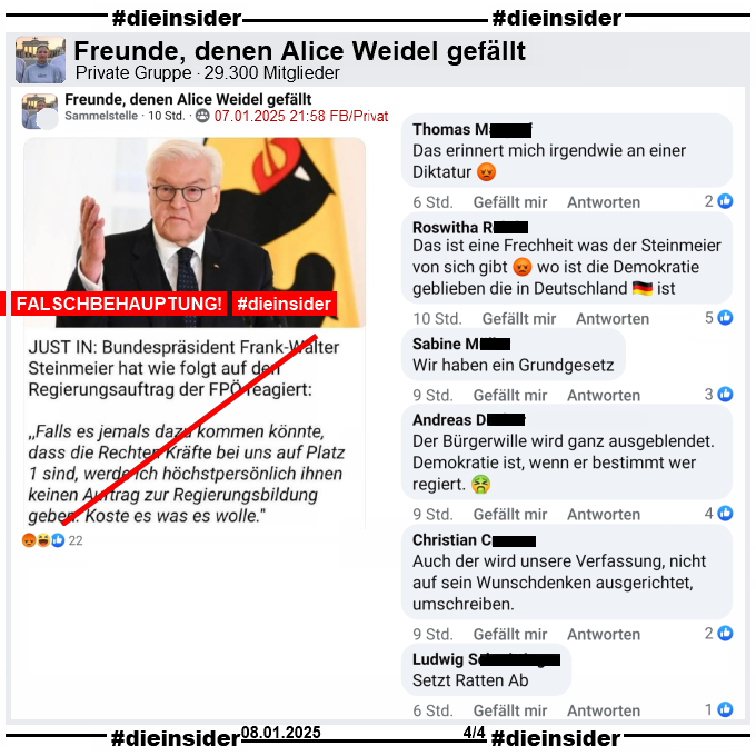 Und wieder eine Lüge die verbreitet wird!

Nein, Bundespräsident Steinmeier hat dies nicht zum Regierungsauftrag der #FPÖ in #Österreich gesagt!

So wird gezielt #Fake vor der #btw2025 verbreitet!

#Faktencheck <a href="/dpa/">dpa</a> <a href="/AFPfaktencheck/">AFP Faktencheck</a>
#LautGegenNazis
#GemeinsamGegenHass #DieInsider