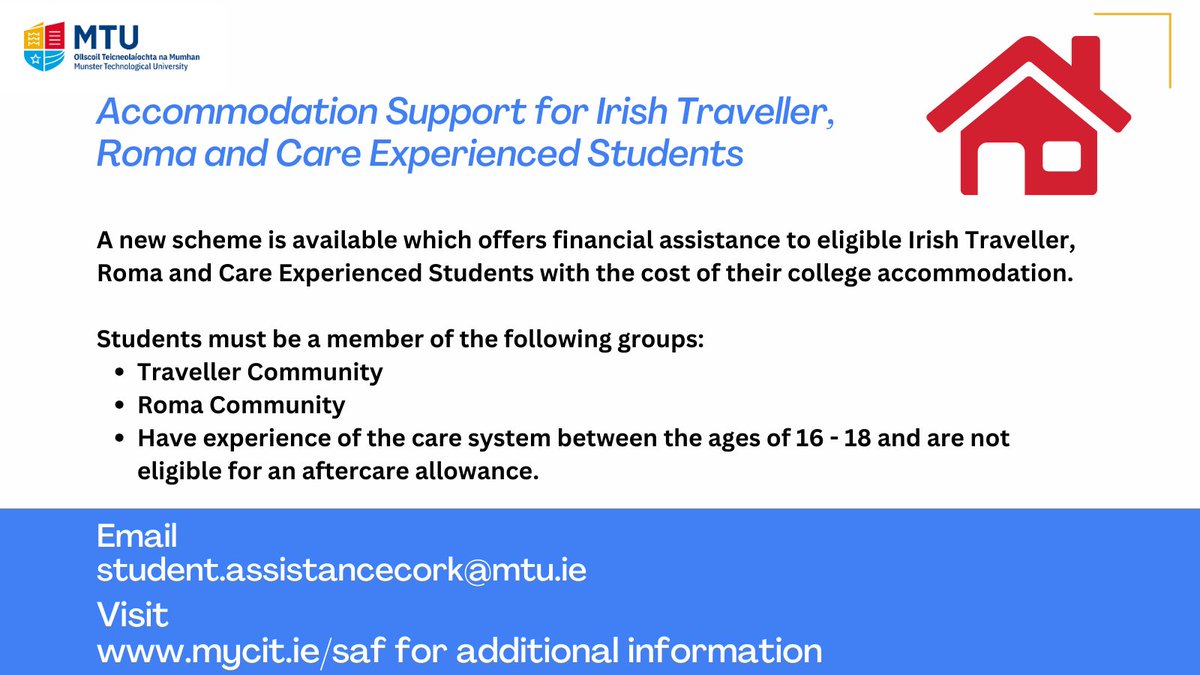 MTU Cork Campus Access Service (@mtucork_access) on Twitter photo Accommodation Support for Irish Travellers, Roma and Care Experienced Students
➡️Additional information and eligibility criteria is listed on mycit.ie/saf
➡️Queries to student.assistancecork@mtu.ie
#MTUAccess #StudentAssistanceFund Accommodation Support for Irish Travellers, Roma and Care Experienced Students
➡️Additional information and eligibility criteria is listed on mycit.ie/saf
➡️Queries to student.assistancecork@mtu.ie
#MTUAccess #StudentAssistanceFund