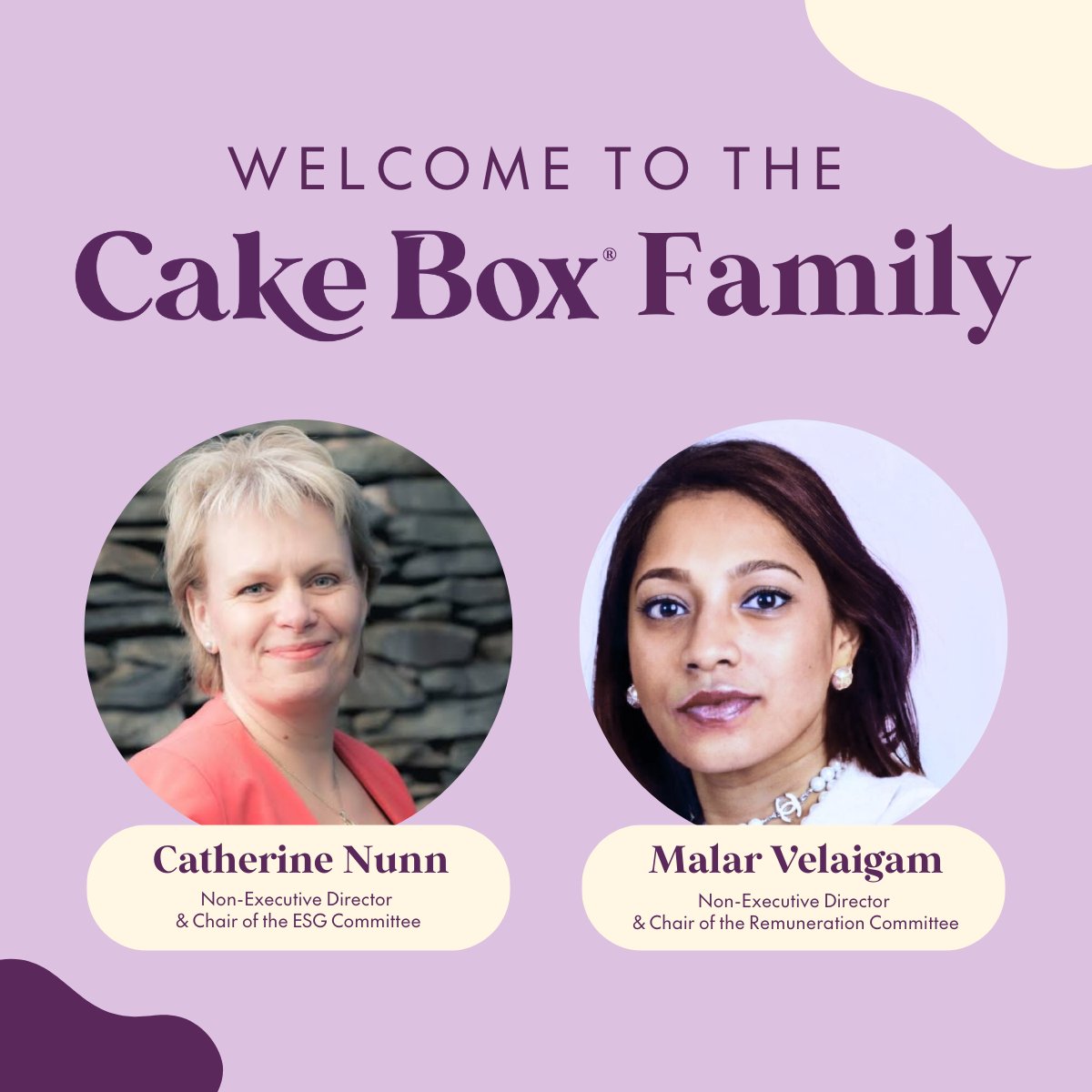 eggfreecakeuk's tweet image. Welcome to the team!

We are thrilled to welcome two new board members to our #CakeBox family, Catherine Nunn as a Non-Exec Director and Chair of the ESG Committee and Malar Velaigam as a Non-Exec Director and Chair of the Remuneration Committee.

#cbox

bit.ly/3BMtopC