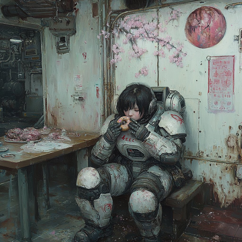 ChasingNaomi's tweet photo. #vss365 #midjourneyV61
Sweating in her hardsuit, Allie sank into a bow-facing couch next to Rin. The lighting was dim, golden, unheard on a Connect warship. Miku and L9 didn’t need light at all, and she #guessed Miku let Mitra control the dimmer switch. But the compartment smelled of roses, and that had to be Miku. Left to Mitra, she imagined a bear claw-scented operating environment.