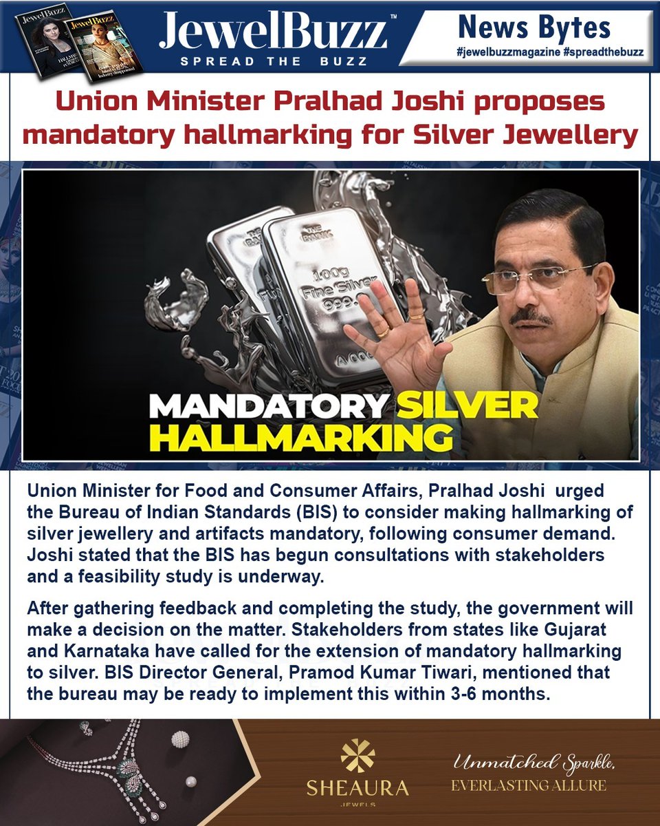 jewelbuzz_mag's tweet image. JewelBuzz #NewsBytes!

Union Minister Pralhad Joshi proposes mandatory hallmarking for Silver Jewellery

#MandatoryHallmarking  #BISIndia #JewelryStandards #ConsumerRights #jewelbuzz #spreadthebuzz #magazine #jewellery #trending #viral
