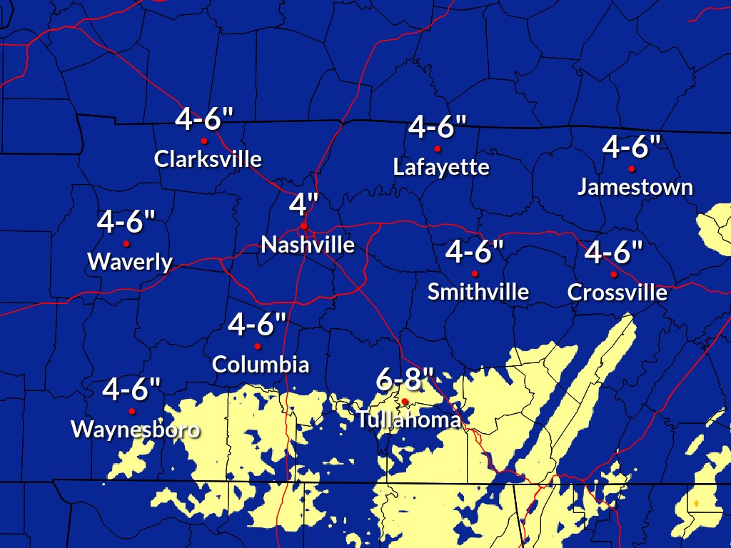 NWSNashville's tweet photo. WINTER STORM WATCH for snow Friday and Friday night. Our current forecast shows 4 to 7 inches. Specific amounts may change, but we are HIGHLY CONFIDENT that snow will blanket the area causing SIGNIFICANT TRAVEL PROBLEMS for Middle TN and surrounding areas. https://t.co/xW0eqjTduz