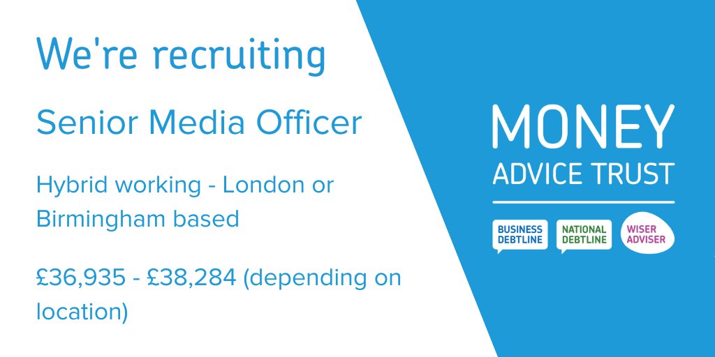 Money_Advice's tweet photo. We’re recruiting for a Senior Media Officer to help us raise awareness of our vital debt advice services @natdebtline
&amp; @Biz_Debtline and issues facing people in financial difficulty.  

Find out more and apply via link below

#CharityComms #CharityJob

https://t.co/pZCCBoAzQ3 https://t.co/5vT2MpGVMx