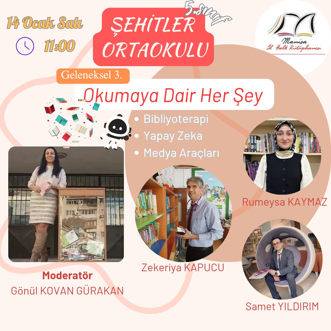 Manisa/Şehitler Ortaokulu (@manisasehitler) on Twitter photo Türkçe Öğretmenimiz Gönül Kovan GÜRAKAN' ın Manisa İl Halk Kütüphanesi ortaklığı ile gerçekleşecek olan söyleşiye bekleriz.
<a href="/tcmeb/">Millî Eğitim Bakanlığı</a> <a href="/il_mem_45/">Manisa İl Millî Eğitim Müdürlüğü</a> <a href="/sehzadelermem/">Şehzadeler İlçe Millî Eğitim Müdürlüğü</a> <a href="/manisasehitler/">Manisa/Şehitler Ortaokulu</a> <a href="/manisailhalkktp/">Manisa İl Halk Kütüphanesi (Kitapsaray)</a> Türkçe Öğretmenimiz Gönül Kovan GÜRAKAN' ın Manisa İl Halk Kütüphanesi ortaklığı ile gerçekleşecek olan söyleşiye bekleriz.
<a href="/tcmeb/">Millî Eğitim Bakanlığı</a> <a href="/il_mem_45/">Manisa İl Millî Eğitim Müdürlüğü</a> <a href="/sehzadelermem/">Şehzadeler İlçe Millî Eğitim Müdürlüğü</a> <a href="/manisasehitler/">Manisa/Şehitler Ortaokulu</a> <a href="/manisailhalkktp/">Manisa İl Halk Kütüphanesi (Kitapsaray)</a>