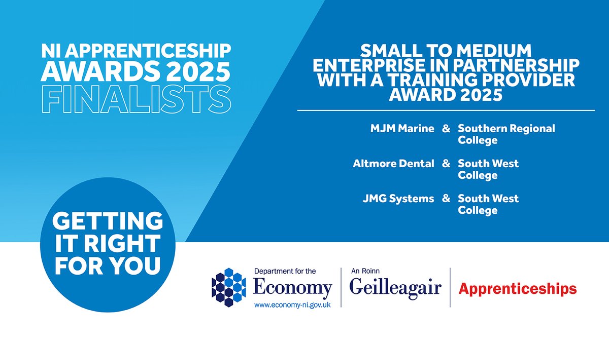 #NIAA2025

The finalists for the Small to Medium Enterprise in Partnership with a Training Provider Award are:

➡️MJM Marine in partnership with Southern Regional College

➡️Altmore Dental in partnership with South West College

➡️JMG Systems in partnership with South West