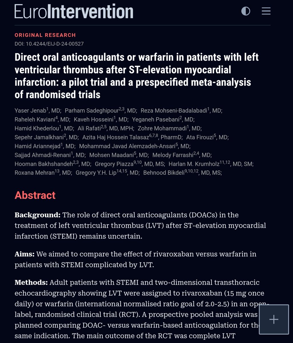 Yaser Jenab (@yasjenab) on Twitter photo In a pilot trial, rivaroxaban #DOACs outperformed warfarin in #STEMI patients with left ventricular thrombus, fewer major bleeding events. rivaroxaban shows promise as a safer anticoagulation option! dx.doi.org/10.4244/EIJ-D-… <a href="/psadeghipour/">Parham Sadeghipour</a> <a href="/GregoryPiazza4/">Gregory Piazza</a> <a href="/bbikdeli/">Behnood Bikdeli</a> <a href="/Drroxmehran/">Dr Roxana Mehran</a> In a pilot trial, rivaroxaban #DOACs outperformed warfarin in #STEMI patients with left ventricular thrombus, fewer major bleeding events. rivaroxaban shows promise as a safer anticoagulation option! dx.doi.org/10.4244/EIJ-D-… <a href="/psadeghipour/">Parham Sadeghipour</a> <a href="/GregoryPiazza4/">Gregory Piazza</a> <a href="/bbikdeli/">Behnood Bikdeli</a> <a href="/Drroxmehran/">Dr Roxana Mehran</a>