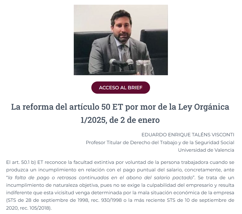 📢📖Empezamos 2025 con nuevos #BriefsAEDTSS:

⚖️Luis Enrique Nores Torres: "La incidencia de la LO 1/2025, de 2 de enero en el ámbito laboral: una primera aproximación"

⚖️Eduardo E. Tálens Visconti: "La reforma del art. 50 ET por mor de la LO 1/2025"

aedtss.com/category/brief…