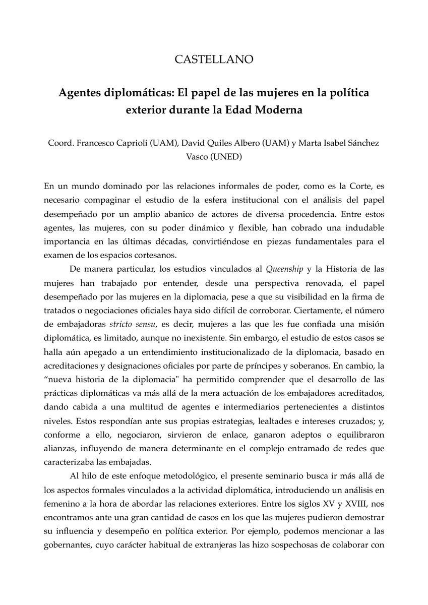 ProyectoPyRep's tweet image. 𝐏&amp;amp;𝐑 📣𝐂𝐅𝐏

⚡️⚡️Deadline:  1 week left!⚡️⚡️

#CFP 📢: &quot;Agentes diplomáticas: El papel de las mujeres en la política exterior durante la Edad Moderna&quot;

¿Te interesa?
🫵¡Estás a tiempo para enviar tu propuesta!

+Info: uam.es/FyL/Agentes-Di…

#CallForPapers #AcademicX #CFP2025