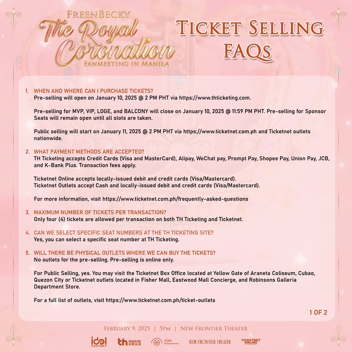 cdmentph's tweet image. FreenBecky fans, here are answers to your FAQs for #FREENBECKYTHEROYALTOUR in Manila 📍

See you all soon and let's start 2025 strong!

🎟️ Pre-selling: 1/10/2025 | 2 PM PHT | thticketing.com 
🎟️ Public Selling:1/11/2025 | 2 PM PHT | ticketnet.com.ph