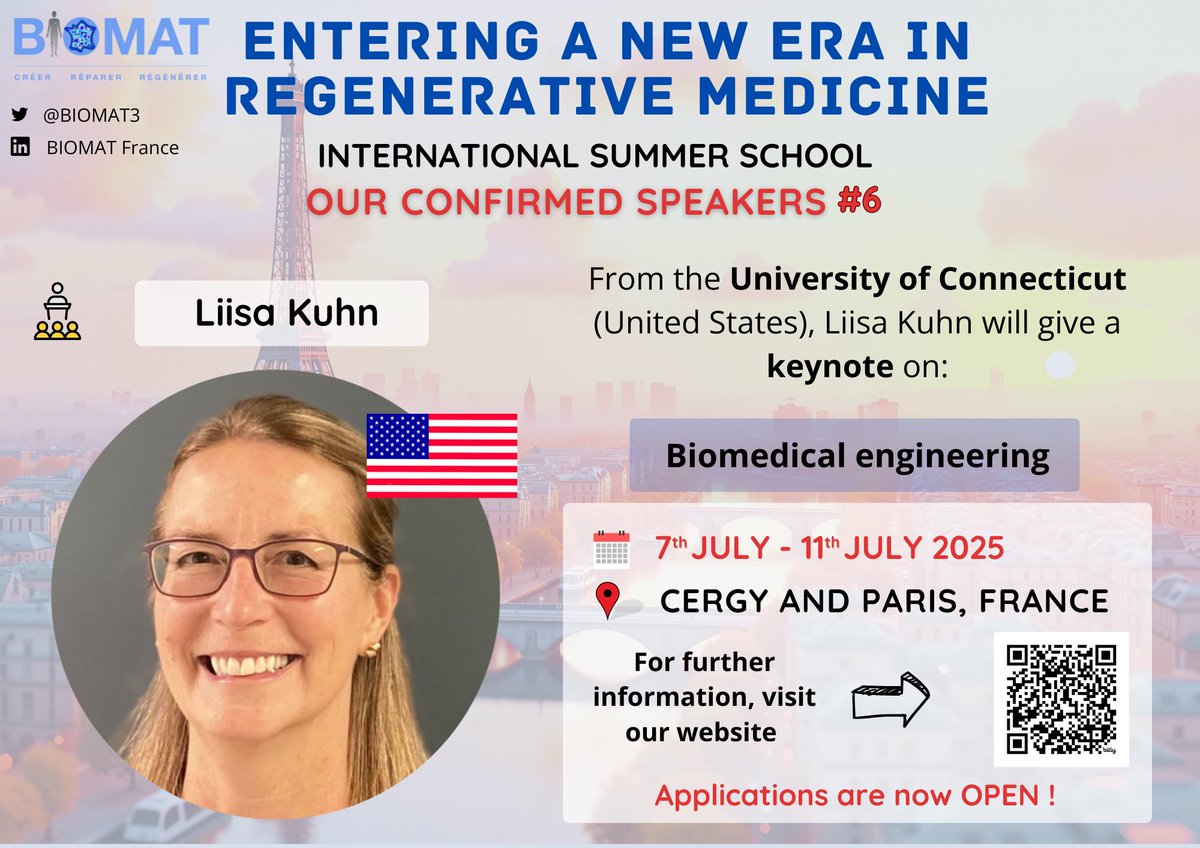 We're pleased to announce our 6th speaker: Pr Liisa Kuhn from University of Connecticut, who will giving a talk on biomedical enginnering! 🧬

To apply visit our website 👉biomatfrance.com