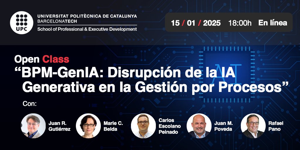 ¡Transforma la gestión empresarial con #IAGenerativa en nuestra próxima Open Class de Business Process Management (#BPM)!

En esta Open Class exclusiva del curso en BPM, descubrirás cómo algunas de las empresas colaboradoras de la formación están integrando la IA Generativa en
