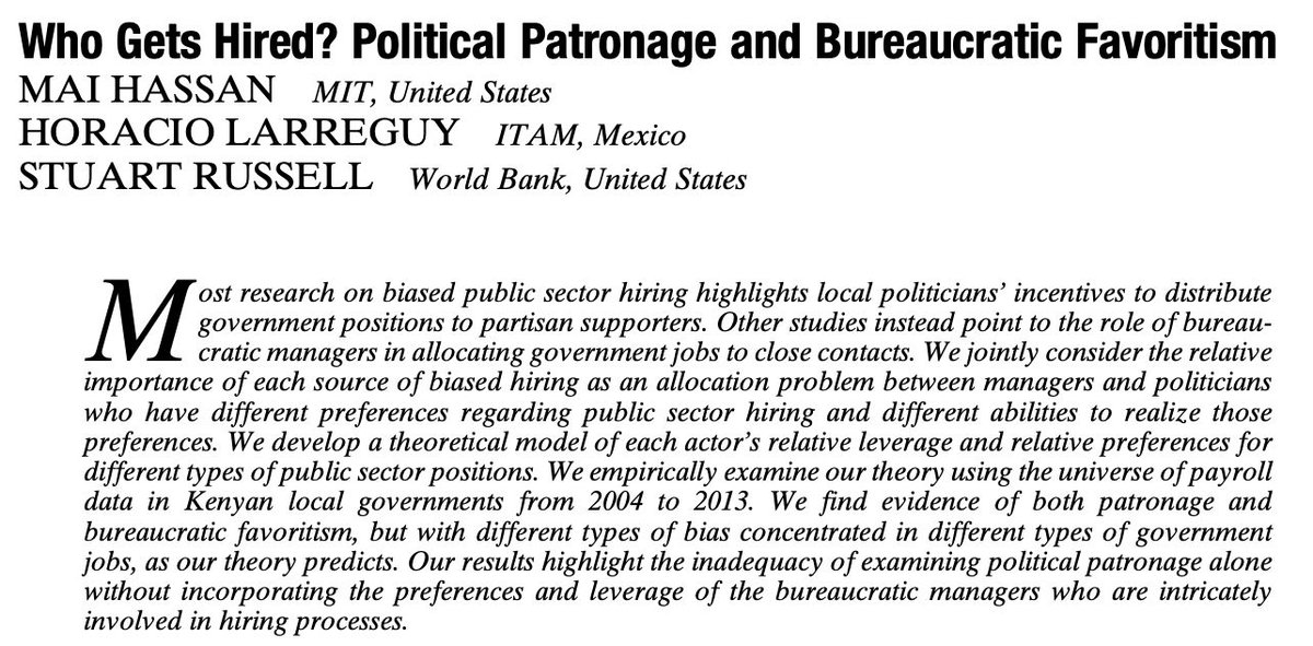 American Political Science Review (@apsrjournal) on Twitter photo From our new issue: "Who Gets Hired? Political Patronage and Bureaucratic Favoritism" by Mai Hassan (<a href="/MaiOHassan/">Mai Hassan</a>), Horacio Larreguy, and Stuart Russell. #ASPRNewIssue. cambridge.org/core/journals/… From our new issue: "Who Gets Hired? Political Patronage and Bureaucratic Favoritism" by Mai Hassan (<a href="/MaiOHassan/">Mai Hassan</a>), Horacio Larreguy, and Stuart Russell. #ASPRNewIssue. cambridge.org/core/journals/…
