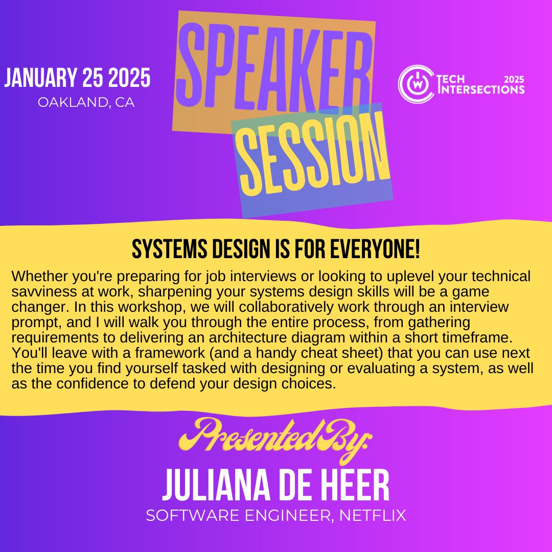 tech_intersect's tweet image. Ready to master systems design? Join Juliana de Heer and walk through real-world prompts, craft architecture diagrams, & leave with a framework + cheat sheet to ace interviews & projects.
🗓️ Jan 25 | #Mills #Oakland
🎟️ Tickets: bit.ly/2025techinters…
#TechIntersections