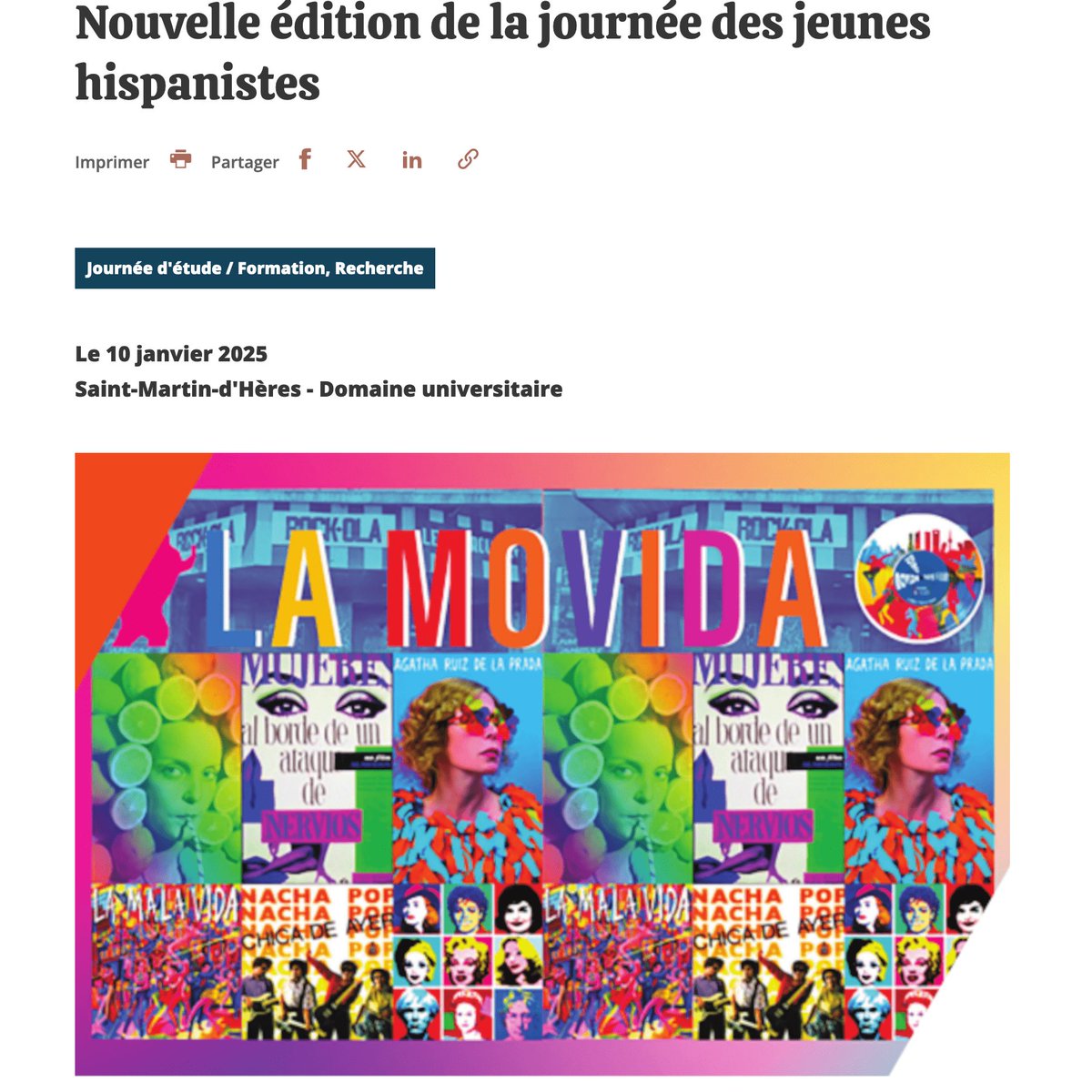 📢 Journée d'étude des jeunes hispanistes ayant pour thème l’Espagne des années 1970 et 1980 dans la littérature et les arts
🗓️ 10 janvier 2025
📍Salle des actes, bât. Stendhal
⏰ 10h30 - 17h30
➡️ Plus d’informations : bit.ly/427xtzc