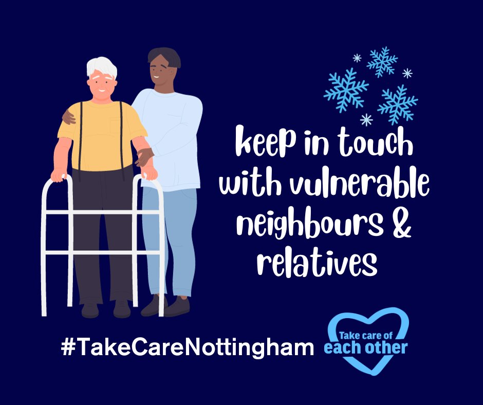 ❄️During cold snaps it’s important to take care of each other ❄️

Try to keep in touch with vulnerable neighbours, relatives or friends, to ask if they need any help, if they’re warm enough and have enough food or medicine 👉bit.ly/47YnADx

#TakeCareNottingham
