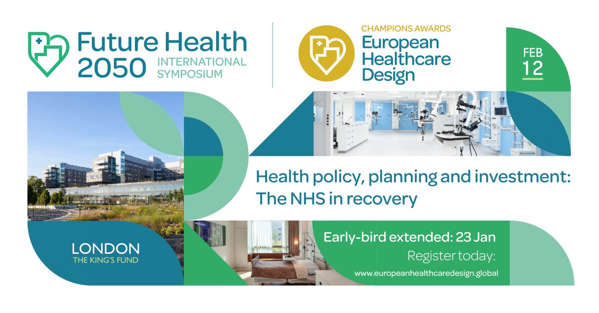 European Healthcare Design 2025 (@ehdcongress) on Twitter photo ⏳ Early-bird deadline extended!
You now have until 23 Jan to register at reduced prices for the Future Health 2050 Symposium & EHD Champions Awards on 12 Feb at <a href="/TheKingsFund/">The King's Fund</a>
💡 Insights on NHS recovery
🏆 Celebrate design excellence
Register today: bit.ly/Symposium-and-… ⏳ Early-bird deadline extended!
You now have until 23 Jan to register at reduced prices for the Future Health 2050 Symposium & EHD Champions Awards on 12 Feb at <a href="/TheKingsFund/">The King's Fund</a>
💡 Insights on NHS recovery
🏆 Celebrate design excellence
Register today: bit.ly/Symposium-and-…