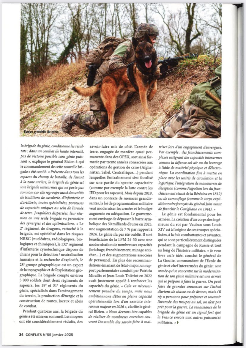 🗞️ De nouveau, un grand merci à la <a href="/revueconflits/">Conflits - Revue de Géopolitique</a> pour ce second et très bon article paru ce mois-ci concernant la brigade du génie. 

🔊 « La renaissance de la brigade du génie est un signal fort que la France envoie aux autres puissances militaires ». 

<a href="/CommandementALT/">Commandement appui et logistique de théâtre</a>