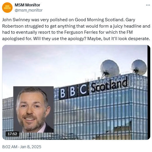 msm_monitor's tweet photo. We posted this just after 0800 this morning. Around four hours later BBC Scotland did indeed run the ferries apology as the headline takeaway. The station is a laughing stock of corrupt predictability. https://t.co/yugUOxmWcp