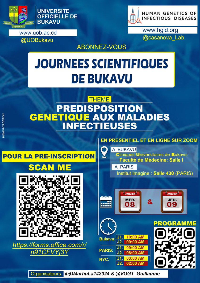 A Bukavu comme à Paris, participez aux journées scientifiques avec comme thème " prédisposition génétique aux maladies infectieuses". Vous pouvez participer en présentiel et en ligne via le lien zoom.  UOB, la noble source

<a href="/UOBukavu/">UOB-Université Officielle de Bukavu</a>
<a href="/casanova_lab/">Casanova Lab</a>
📷