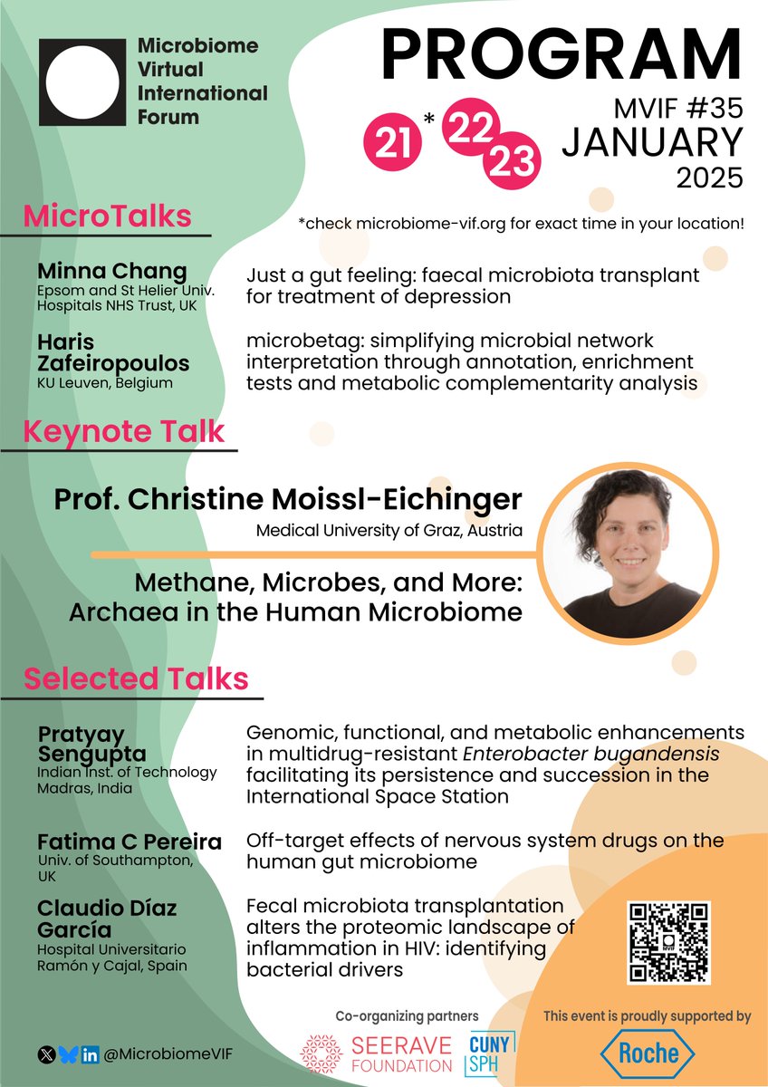 Microbiome Virtual International Forum (@microbiomevif) on Twitter photo It's a new year!
...and a new #MVIF program is out! 🤩
Registration here: cassyni.com/s/mvif-35
⭐️MicroTalks:
🇬🇧 Minna Chang
🇧🇪 <a href="/haris_zaf/">Haris Zafeiropoulos</a>
⭐️ Keynote:
🇦🇹 <a href="/chmoei/">Christine Moissl-E</a>
⭐️Selected talks:
🇮🇳 Pratyay Sengupta
🇬🇧 Fátima C Pereira
🇪🇸 <a href="/cladigar/">Claudio Díaz-García (él/he)</a> It's a new year!
...and a new #MVIF program is out! 🤩
Registration here: cassyni.com/s/mvif-35
⭐️MicroTalks:
🇬🇧 Minna Chang
🇧🇪 <a href="/haris_zaf/">Haris Zafeiropoulos</a>
⭐️ Keynote:
🇦🇹 <a href="/chmoei/">Christine Moissl-E</a>
⭐️Selected talks:
🇮🇳 Pratyay Sengupta
🇬🇧 Fátima C Pereira
🇪🇸 <a href="/cladigar/">Claudio Díaz-García (él/he)</a>