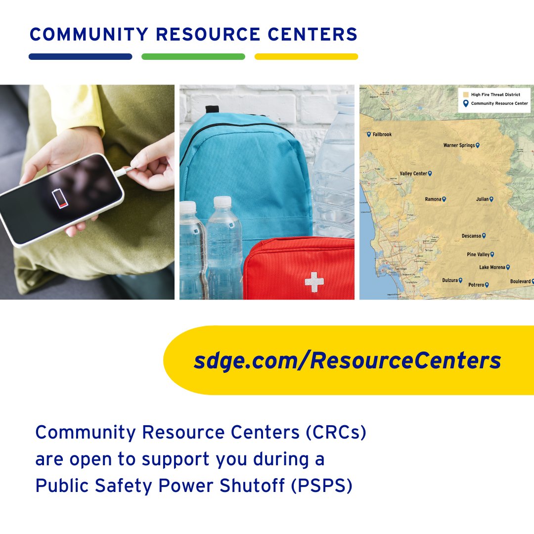 SDGE's tweet photo. 🏠 Community Resource Centers (CRCs) 

During a PSPS, affected residents can visit our CRCs for resources like ice, water, snacks, preparedness supplies, mobile device charging and updated outage information. 

📰 For a list of which CRCs are open, visit https://t.co/DmRnpuXuW0 https://t.co/R31n3b9RR9