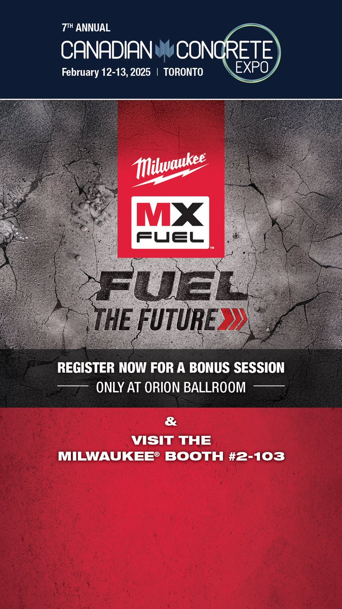Register now for Milwaukee® MX FUEL™ THE FUTURE exclusive demos at CCE 2025 and experience innovation from FORM to FINISH. There are three available sessions, FREE with your CCE trade show registration. 
Learn more here: 
canadianconcreteexpo.com/mx-fuel-the-fu…
<a href="/MilwaukeeTool/">Milwaukee Tool</a>