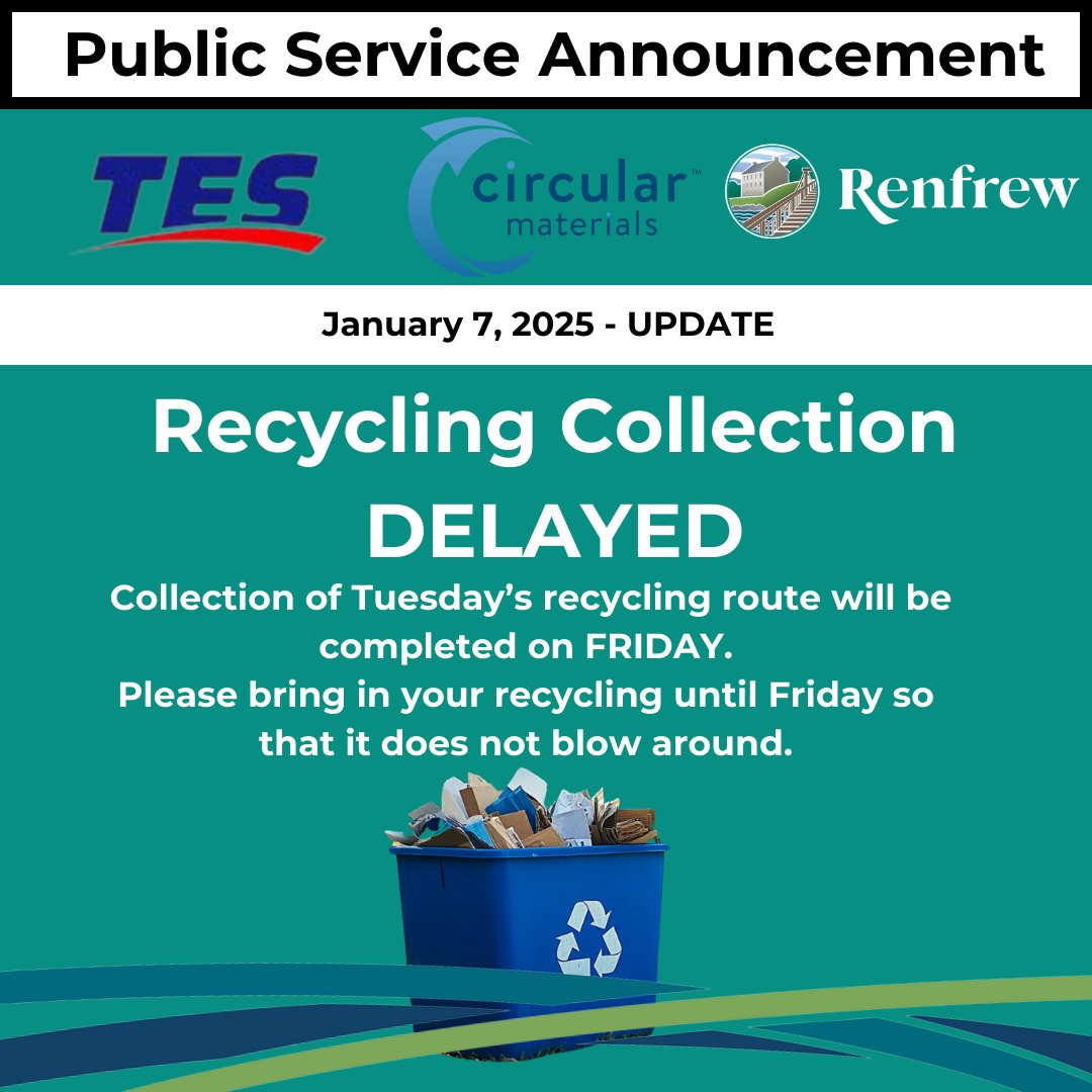 Update: Tuesday’s recycling will be completed on Friday. Those on Tuesday’s route should bring their recycling in until Friday so that it doesn’t blow around.

If you have questions about recycling please contact TES at 613-257-1195 or email help@toppsenv.com